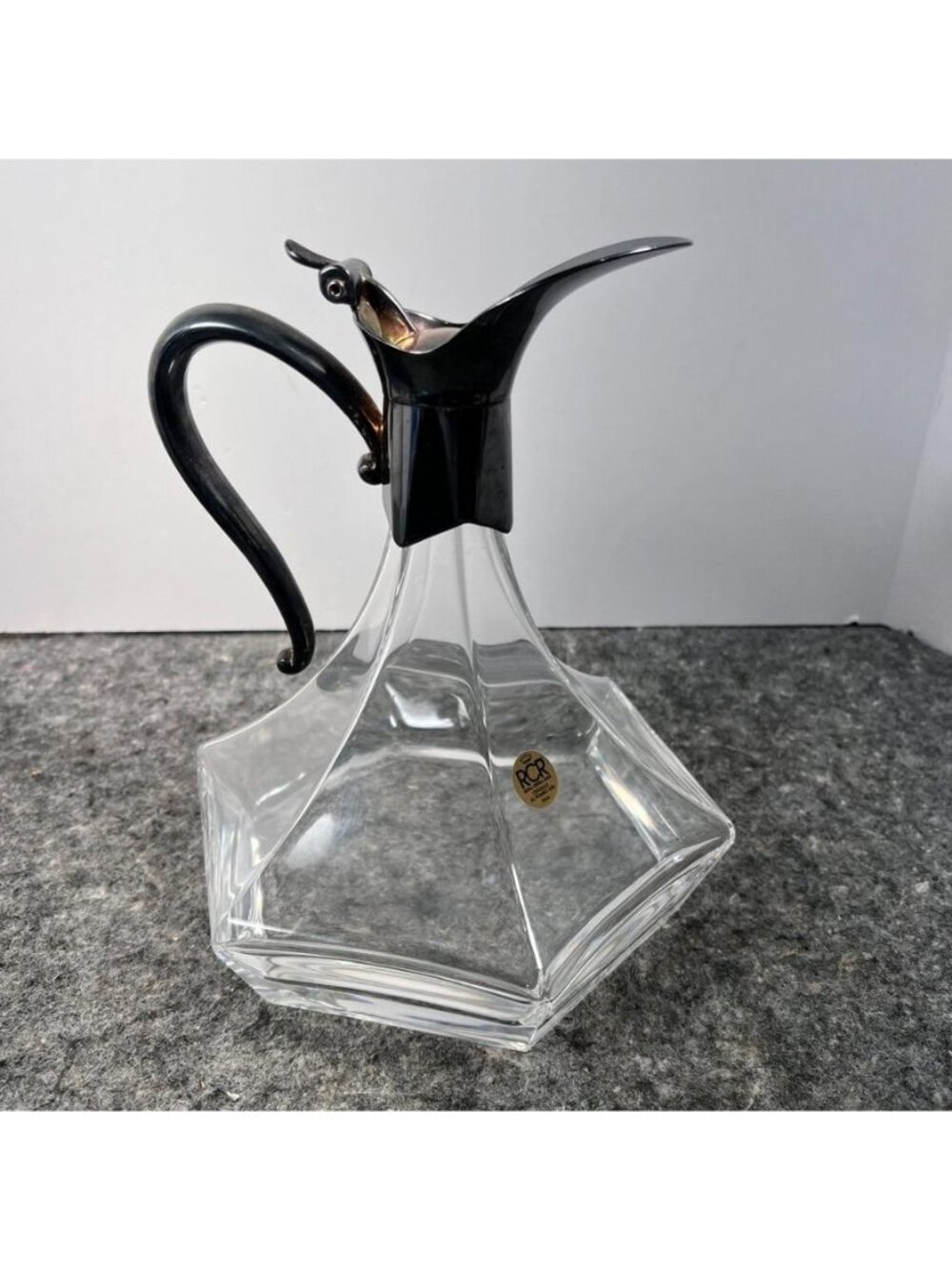 VTG RCR Royal Crystal Rock Hexagonal Decanter Patina Silver Handle & Spout